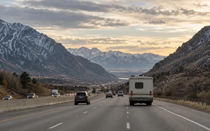 Traffic on the I-15 corridor at Draper, where the mountains close in from both sides of the valley