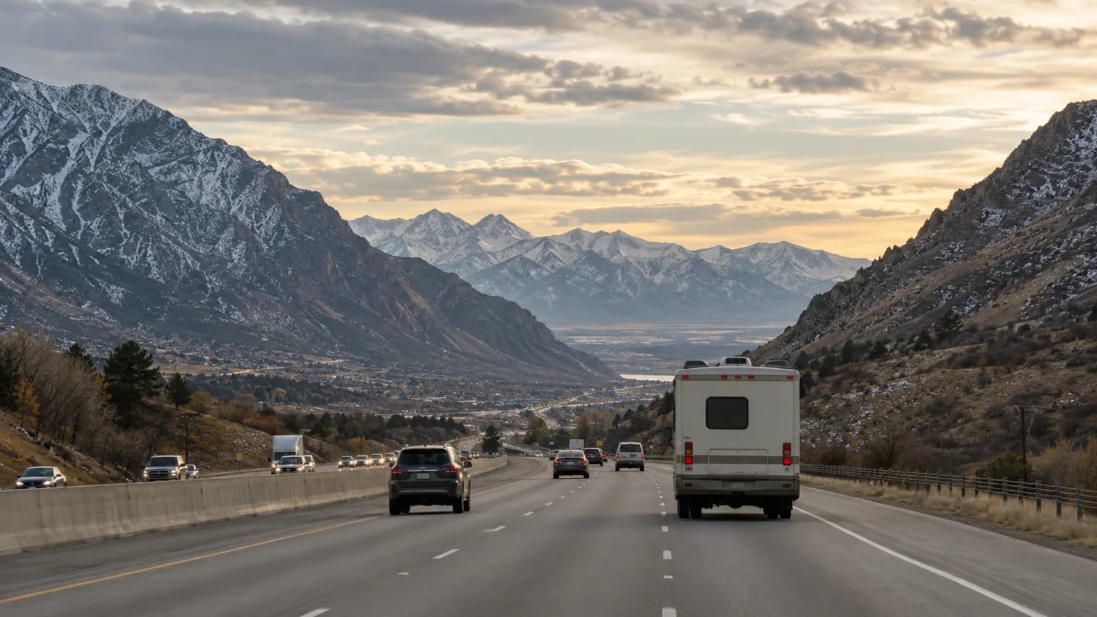the point of the valley where the mountains close in from both sides, I-15 corridor traffic, an RV heading south