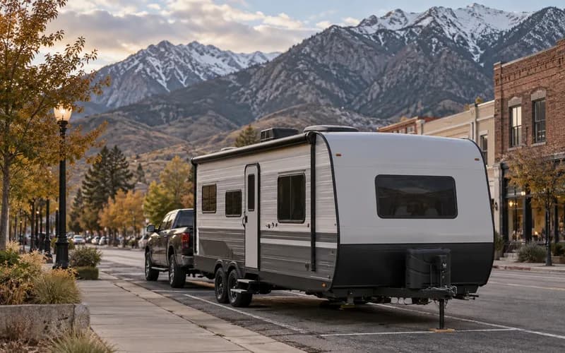 A travel trailer parked in Ogden, with the steeper north-valley peaks close behind it