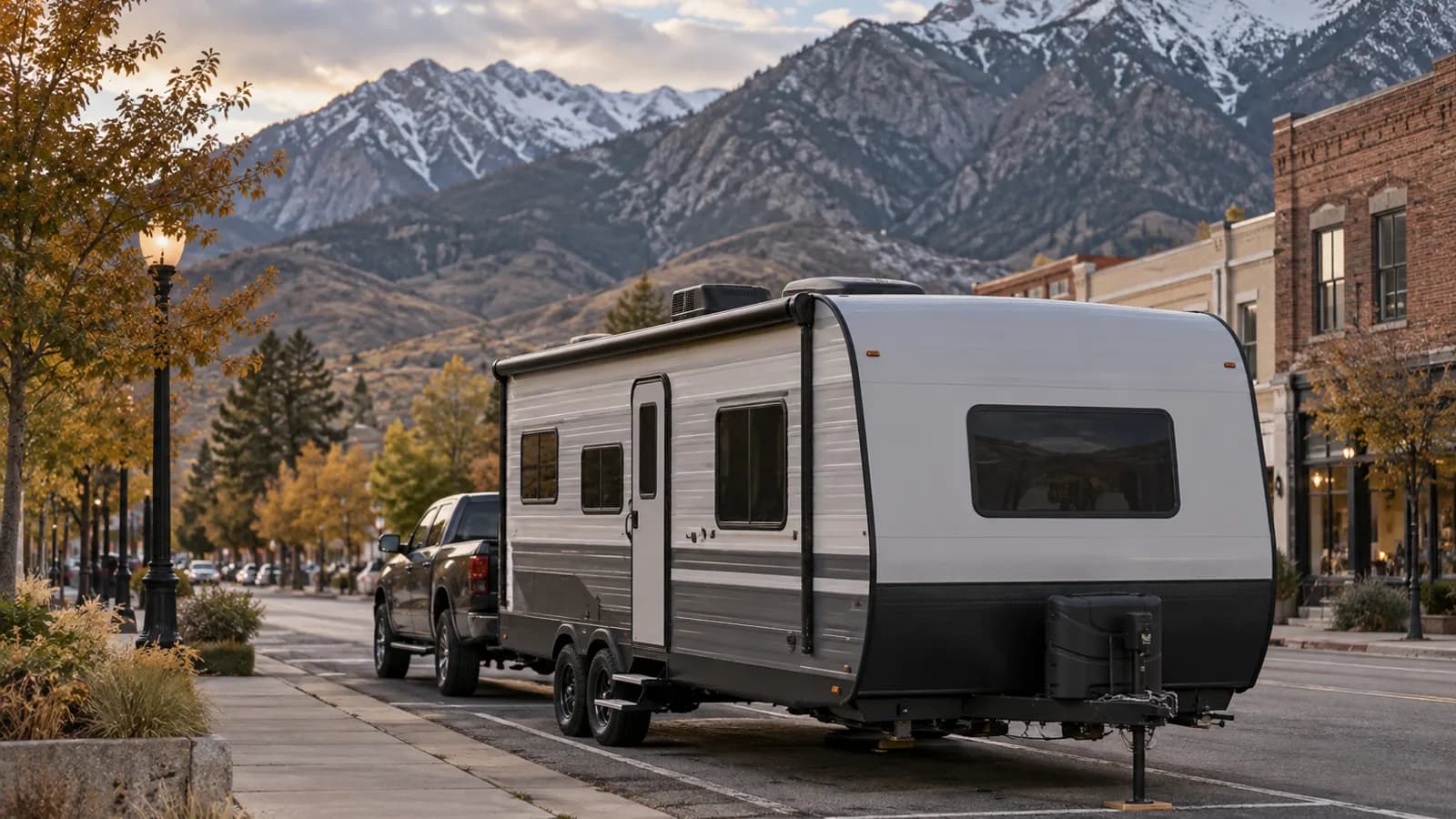 north valley with steeper, closer peaks and older brick-scale streetscape blurred behind a parked travel trailer