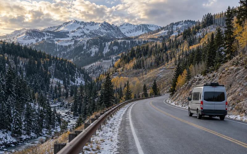 A camper van climbing the canyon highway to Park City, snow still on the north-facing slopes