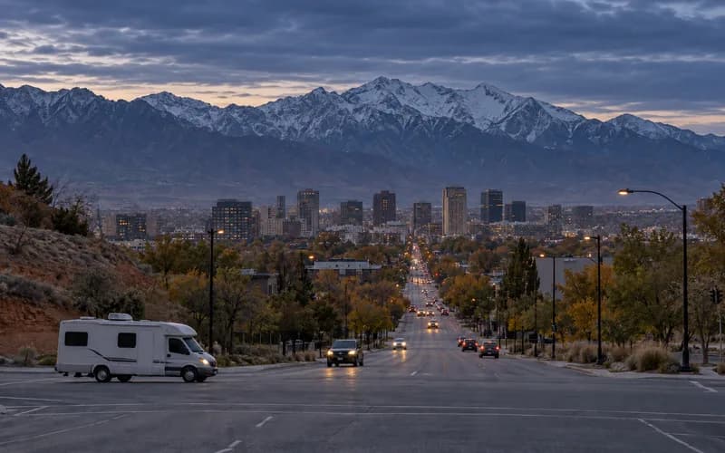 Salt Lake City street grid at dusk with the Wasatch wall rising behind it and an RV at an intersection