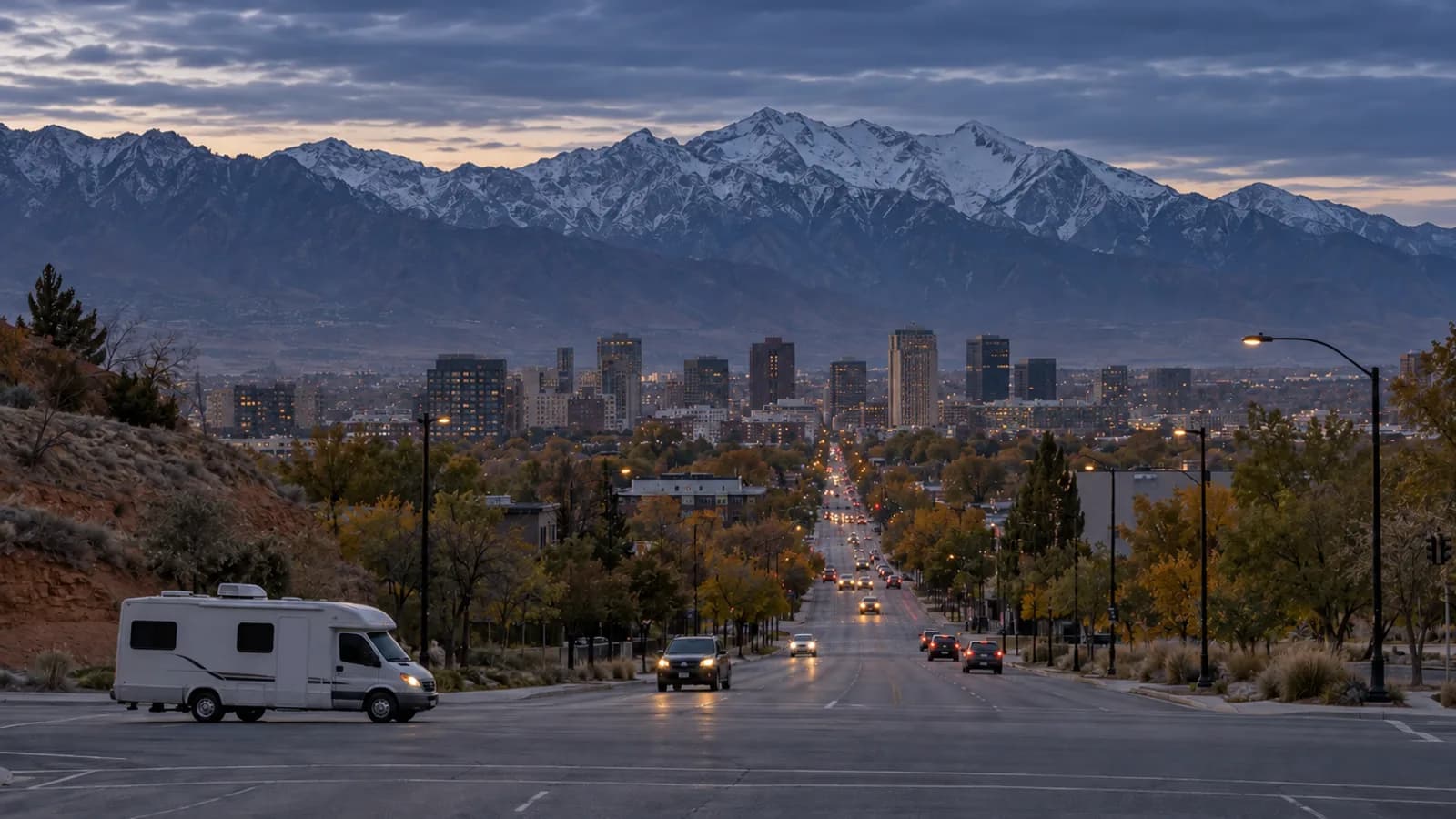 Flying into Salt Lake City, an RV on a Utah road