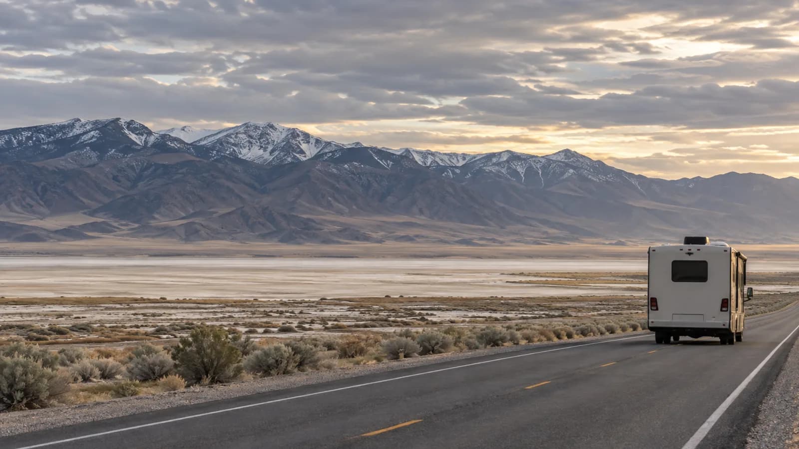 dry basin west of the Great Salt Lake, pale alkali flats, an RV on a straight empty road with a bare range behind