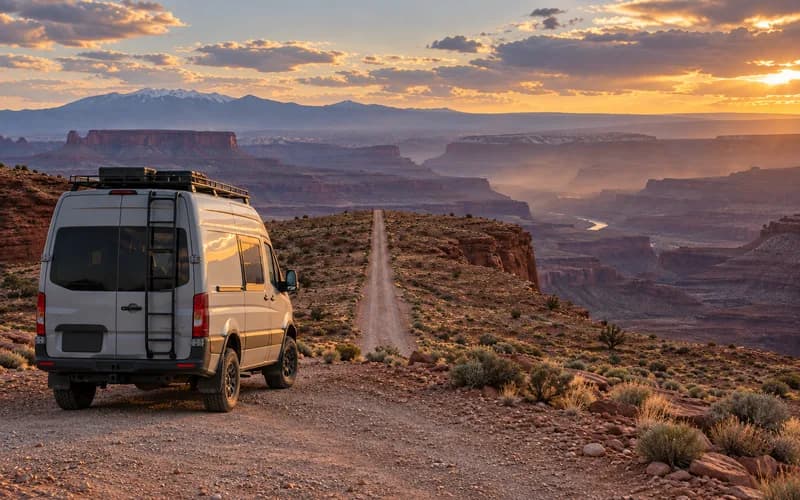 A short camper van at the start of an unpaved gravel road running out across a mesa top