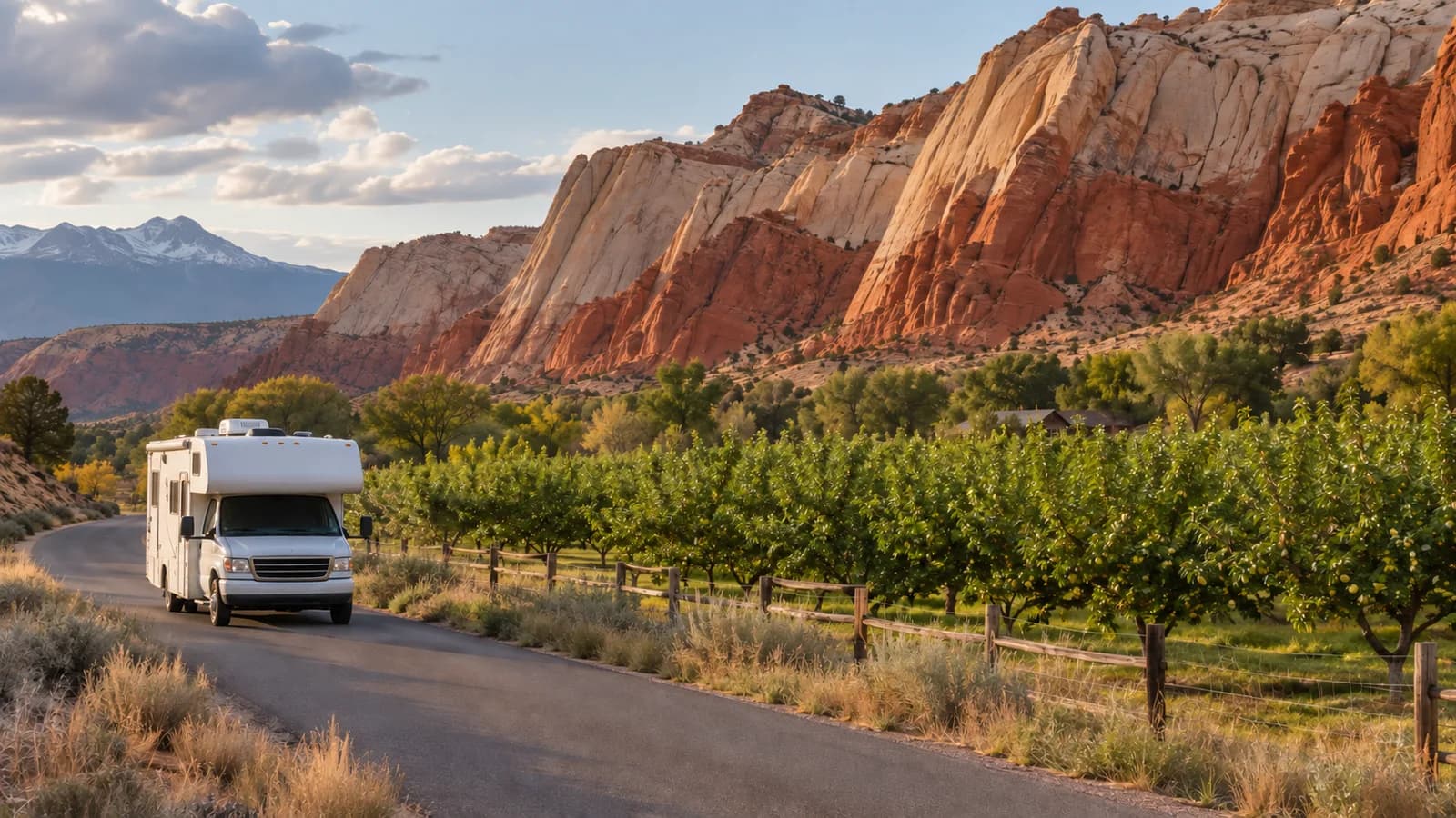 A motorhome on a paved scenic drive beside historic orchards below striped cliffs