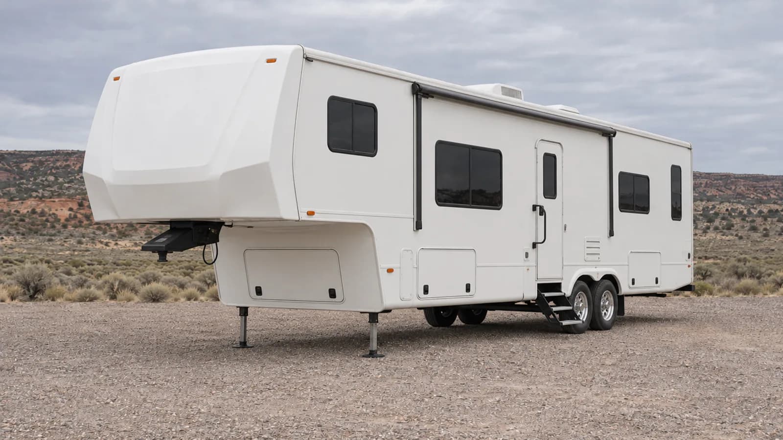 A fifth-wheel trailer with raised forward gooseneck photographed from the front three-quarter angle for size comparison