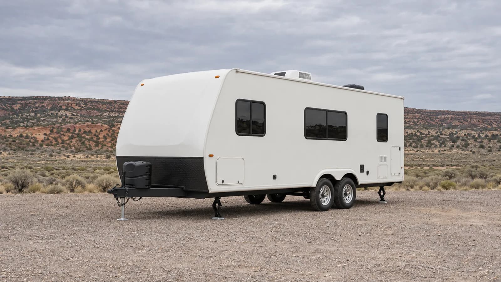 A bumper-pull travel trailer photographed from the front three-quarter angle for size comparison