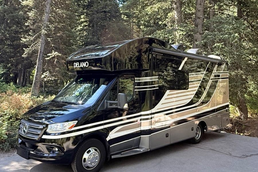 2022 Gold Top of the Line Luxury Mercedes Delano 24' w full wall slide Class C RV rental in Salt Lake City Utah, exterior